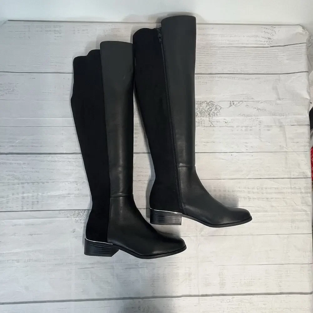 Alfani Step Flex Ludlowe Black Leather Stretch Knee High Riding Boots Size 5.5 M